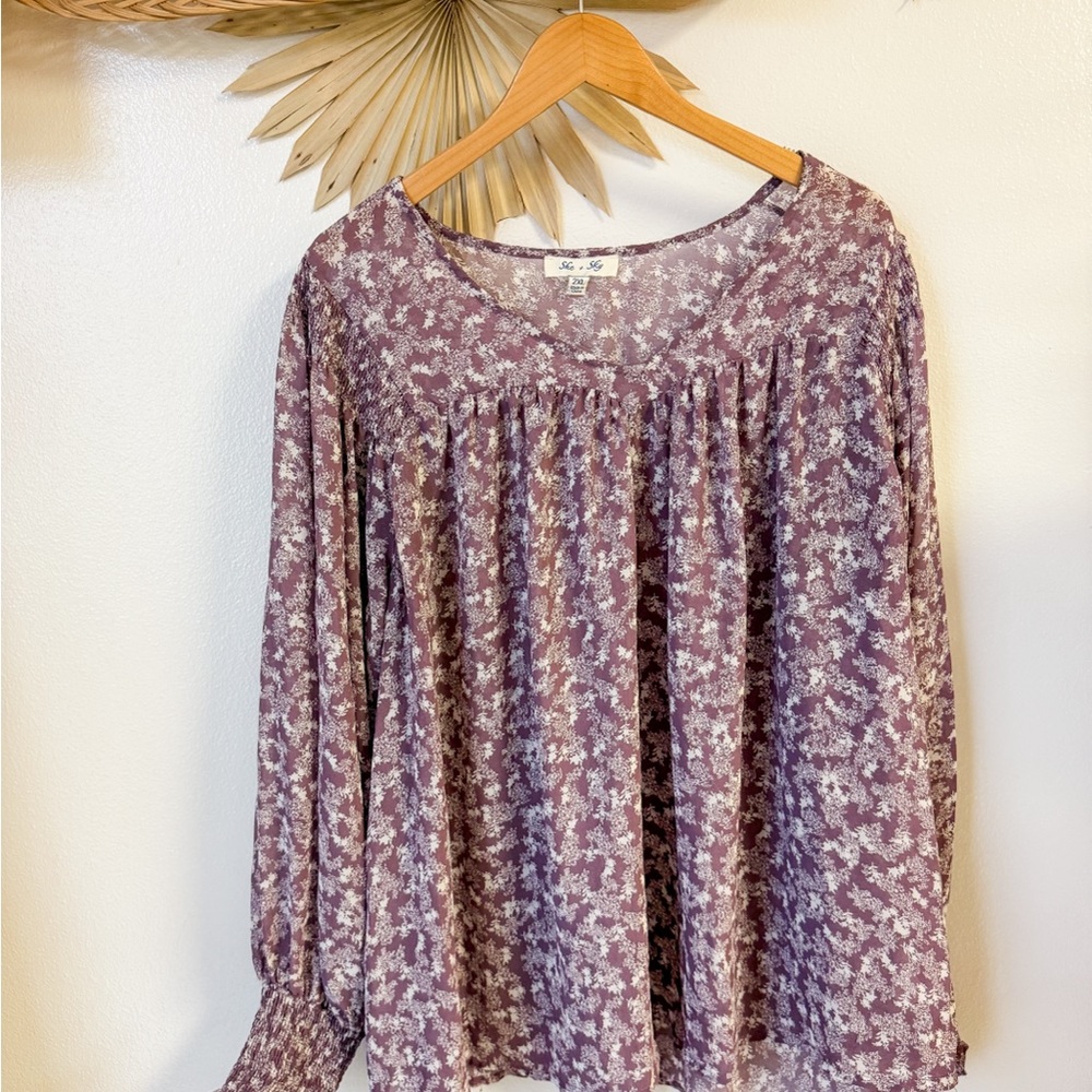 she + sky | purple floral long sleeve blouse | size 2X